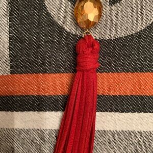 Elegant Gold and Red Beaded Necklace with faux suede tassel in good condition